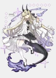 1girl absurdres alternate_costume arknights artist_name baiyuyi bare_shoulders blonde_hair closed_mouth dated detached_sleeves dragon_girl dragon_horns dragon_tail dress full_body gradient_hair green_eyes hair_over_one_eye hand_up highres horns long_hair long_sleeves looking_at_viewer multicolored_hair necrass_(arknights) pantyhose purple_hair shoes simple_background solo standing standing_on_one_leg tail twitter_username very_long_hair white_background white_dress white_pantyhose