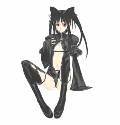 1girl black_hair boots es es_(cah60700) female_focus flat_chest goth_fashion gothic_lolita lolita_fashion long_hair ribbon solo thighhighs twintails