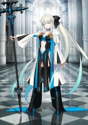 Rule 34 | 1girl, arm at side, black boots, black bow, black dress, blue bow, blue choker, blue eyes, blue hair, boots, bow, braid, breasts, choker, cleavage, clothing cutout, dress, fate/grand order, fate (series), floating hair, full body, game cg, gradient hair, hair bow, hand up, high heel boots, high heels, holding, holding polearm, holding weapon, hood, hood down, hooded shrug, legs apart, long dress, long hair, long sleeves, looking at viewer, medium breasts, morgan le fay (fate), multicolored hair, navel, official art, outstretched arm, overskirt, parted lips, pelvic curtain, polearm, ponytail, shrug (clothing), sidelocks, skirt, sleeveless, sleeveless dress, smile, solo, standing, stomach cutout, strapless, strapless dress, takeuchi takashi, tassel, thigh boots, third-party source, train (clothing), variant set, very long hair, weapon, white hair, white shrug, white skirt, wide sleeves