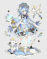 1girl animal artist_name black_ribbon blue_dress blue_flower blue_hair blue_hat blush bow bowtie braid calligraphy_brush closed_mouth dress feathers flower goat grey_background hair_between_eyes hair_ornament halo happybiirthd hat highres holding_lamp inkwell knot letter lolita_fashion long_hair long_sleeves looking_at_viewer original paintbrush ribbon simple_background smile solo standing twin_braids watermark white_ribbon wings yellow_eyes