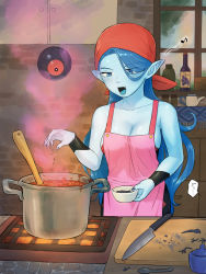 1girl :d apron arinsu_(kodamamaimai) bandana bare_shoulders black_dress blue_eyes blue_hair blue_skin blue_tongue blush bottle bowl breasts cleavage collarbone colored_skin colored_tongue commentary_request cooking dark_blue_hair dragon_quest dragon_quest_viii dress fang highres holding holding_bowl kitchen kitchen_knife large_breasts musical_note open_mouth pink_apron pointy_ears pot red_bandana smile solo stove window witch_lady_(dq8) wristband