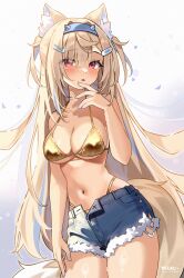 1girl alternate_costume animal_ear_fluff animal_ears bandaid bandaid_hair_ornament bare_shoulders bikini bikini_under_shorts blonde_hair blue_hair blue_hairband blue_nails blue_shorts blush breasts commentary contrapposto cowboy_shot denim denim_shorts dog_ears dog_girl dog_tail dot_nose double-parted_bangs eyebrows_hidden_by_hair fingernails floating_hair fur-trimmed_shorts fur_trim fuwawa_abyssgard gold_bikini golden_week hair_between_eyes hair_intakes hair_ornament hairband hairclip hand_on_own_chin hand_on_own_thigh hand_up highleg highleg_bikini highres hololive hololive_english horn_hairband kuri_(animejpholic) large_breasts long_eyelashes long_fingernails long_hair looking_at_viewer multicolored_hair nail_polish navel open_fly open_mouth panty_straps parted_lips pink_eyes shorts sideboob sidelocks solo stomach streaked_hair string_bikini swimsuit tail thick_eyelashes thighs torn_clothes torn_shorts two_side_up underboob virtual_youtuber