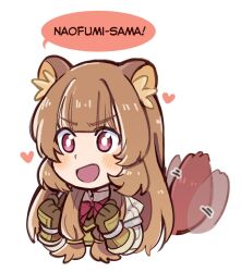 Rule 34 | 1girl, :d, ange (angeban93), animal ear fluff, animal ears, armor, armored gloves, blush, breastplate, bright pupils, brown gloves, brown hair, chibi, collared dress, commentary, dress, elbow gloves, english commentary, english text, gloves, heart, high collar, long hair, long sleeves, looking ahead, metal arm cuffs, metal wrist cuffs, neck ribbon, open mouth, pauldrons, pink eyes, raccoon ears, raccoon girl, raccoon tail, raphtalia, red ribbon, ribbon, shoulder armor, simple background, single pauldron, smile, solo, speech bubble, striped clothes, striped dress, tail, tail wagging, tate no yuusha no nariagari, upper body, vertical-striped clothes, vertical-striped dress, white background, white dress, white pupils