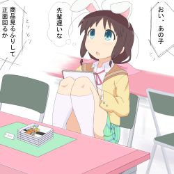 10s 1girl animal_ears blue_eyes brown_hair chair cover desk female_focus folding_chair gobanme_no_mayoi_neko hair_ribbon highres honda_tamaki long_hair low_ponytail manga_(object) pencil ponytail price_tag rabbit_ears ribbon school_uniform sidelocks sketchbook skirt socks solo stella_no_mahou translated tress_ribbon twintails video_game_cover video_game_cover_(object)