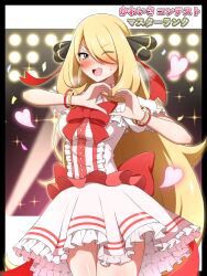 1girl absurdres blonde_hair blush breasts cosplay creatures_(company) cynthia_(pokemon) dawn_(pokemon) dawn_(pokemon)_(cosplay) dress frills game_freak grey_eyes hair_ornament hair_over_one_eye heart heart_hands highres idol idol_clothes long_hair looking_at_viewer nintendo one_eye_closed open_mouth pokemon pokemon_bdsp ribbon shabana_may smile solo stage stage_lights sweatdrop very_long_hair