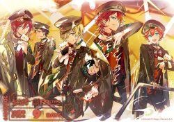 5boys akehoshi_subaru amagi_rinne arm_up armband beads belt_collar black_coat black_gloves black_hair black_hat black_nails black_pants black_shirt blonde_hair blue_eyes chain chest_harness closed_mouth coat collar collarbone copyright_name copyright_notice countdown cross-laced_clothes cross-laced_top dated double-parted_bangs drawn_heart ear_chain ear_piercing earrings ensemble_stars! finger_heart fingerless_gloves fingernails flame_print floating_clothes foot_out_of_frame foreshortening fushimi_yuzuru glasses glint gloves green_armband green_collar grey_coat grin hair_between_eyes hand_on_railing hand_up handrail harness hat head_tilt headset heart holding holding_stuffed_toy jewelry lapels leaning_forward leg_up linked_piercing long_sleeves looking_at_viewer looking_to_the_side male_focus mashiro_tomoya multicolored_coat multicolored_shirt multiple_boys nail_polish notched_lapels o-ring o-ring_harness official_alternate_costume official_art one_eye_closed open_clothes open_coat open_mouth orange_background orange_hair orange_shirt outstretched_arm pants parted_bangs parted_lips peaked_cap piercing print_coat print_shirt purple_eyes railing red_collar red_hair rimless_eyewear ring saegusa_ibara safety_pin shirt short_hair sideways_glance single_fingerless_glove smile smoke split_mouth standing standing_on_one_leg stuffed_animal stuffed_toy suou_(sdurorhr) t-shirt teddy_bear teeth turning_head upper_teeth_only yellow_eyes