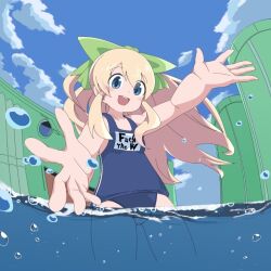 1girl blonde_hair blue_eyes blue_sky day loli looking_at_viewer mega_man_(series) open_mouth outdoors partially_submerged profanity roll_(mega_man) school_swimsuit sky slyger_ex solo swimsuit teeth upper_teeth_only water