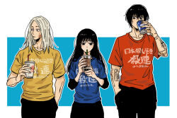 Rule 34 | 1girl, 2boys, arm tattoo, black hair, black pants, blue shirt, can, collarbone, cup, disposable cup, drink, drink can, hand in pocket, long hair, medium hair, multiple boys, nagumo (sakamoto days), nano (veek), osaragi (sakamoto days), outside border, pants, red shirt, sakamoto days, sakamoto taro, sakamoto taro (skinny), shirt, short hair, tattoo, white hair, yellow shirt