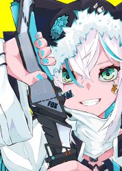 1girl absurdres animal_hood ao_no_kitsune aqua_eyes aqua_hair aqua_nails blue_hair blue_nails close-up facepaint fingernails fox_hood fur_trim green_eyes grin hair_between_eyes highres holding holding_sheath hololive hood hoodie katana long_sleeves looking_at_viewer multicolored_hair nail_polish portrait scarf screw sheath shirakami_fubuki shirakami_fubuki_(fubukitek) smile solo streaked_hair sword unsheathing virtual_youtuber weapon white_hair white_scarf wide_sleeves yellow_background