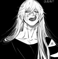 1boy black_background collarbone eyelashes greyscale heterochromia jujutsu_kaisen long_hair long_tongue mahito_(jujutsu_kaisen) male_focus meme17 monochrome signature solo stitched_arm stitched_face stitched_neck stitches tongue tongue_out upper_body