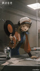 1girl :o absurdres bell_jar blue_dress blue_neckerchief blurry blurry_background brown_hair ceiling_light copyright_name copyright_notice dress folder hand_on_table hand_up hat highres holding holding_record indoors jacket logo long_sleeves looking_at_viewer neckerchief newsboy_cap official_art official_wallpaper open_clothes open_jacket open_mouth orange_eyes paper plant polka_dot_neckerchief puffy_long_sleeves puffy_sleeves red_jacket regulus_(reverse:1999) reverse:1999 short_hair solo table teeth upper_body vinyl_record water_on_glass