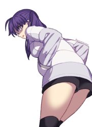 Rule 34 | 1girl, ahoge, angry, ass, ass focus, grey eyes, hands in pockets, highres, hood, hoodie, kneehighs, looking at viewer, looking back, mitsurugi sugar, open mouth, purple hair, saiki mio, shaded face, short hair, simple background, socks, thick thighs, thighhighs, thighs, tsukihime, tsukihime (remake), twintails, white hoodie