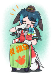 1girl :d =_= appleq bird_tail black_hair black_hat black_shoes black_wings blue_bow blue_hair blush bow breasts closed_eyes collared_shirt commentary_request facing_viewer feathered_wings flight_attendant garrison_cap gloves hat head_wings kemono_friends kneeling leaning_to_the_side long_hair medium_breasts multicolored_hair notice_lines open_mouth pantyhose passenger_pigeon_(kemono_friends) red_skirt red_vest rolling_suitcase shadow shirt shoes short_sleeves skirt smile solo suitcase tail travel_attendant two-tone_hair vest white_gloves white_pantyhose white_shirt wings
