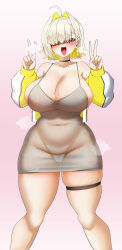1girl absurdres ahoge alternate_costume bare_shoulders black_choker blonde_hair blush breasts choker cleavage collarbone commentary_request covered_navel cropped_sweater double_v dress elegg_(nikke) fang feet_out_of_frame goddess_of_victory:_nikke gradient_background groin gurum hair_intakes hair_over_eyes hands_up highleg highleg_panties highres huge_breasts korean_commentary legs long_bangs long_sleeves looking_at_viewer multicolored_hair off_shoulder one_eye_covered open_mouth panties pink_background plump purple_eyes see-through_clothes see-through_dress short_hair sleeveless sleeveless_dress smile solo spaghetti_strap steaming_body stomach straight-on string_panties thigh_strap thighs two-tone_hair underwear v white_panties wide_hips
