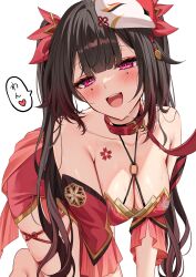 Rule 34 | 1girl, absurdres, all fours, armpit crease, bare shoulders, blush, breasts, brown hair, circle facial mark, cleavage, collarbone, commentary, dress, flower tattoo, fox mask, hair ribbon, heart, highres, hizuki higure, honkai: star rail, honkai (series), japanese clothes, leash, long hair, looking at viewer, mark under both eyes, mask, mask on head, medium breasts, open mouth, pink eyes, red dress, red ribbon, ribbon, shoulder tattoo, simple background, skindentation, smile, solo, sparkle (honkai: star rail), sweat, tattoo, translation request, twintails, very long hair, viewer holding leash, white background