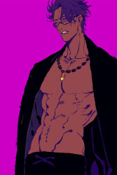 1boy abs black-framed_eyewear coat coat_on_shoulders collarbone cowboy_shot dark-skinned_male dark_skin fate/grand_order fate_(series) groin_tendon jewelry kaifei_(kaifei_29) lancelot_(fate/grand_order) lancelot_(strongest_knight_of_summer)_(fate) male_focus muscular muscular_male navel necklace no_nipples obliques parted_lips pectorals pink_background purple_eyes purple_hair semi-rimless_eyewear short_hair simple_background solo tan under-rim_eyewear