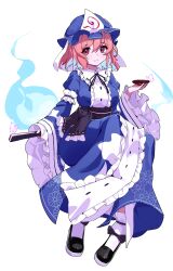 1girl artist_request black_ribbon black_shoes blue_hat blue_kimono breasts bug butterfly colored_inner_hair commentary commentary_request cup english_commentary floral_print folded_fan folding_fan frilled_kimono frilled_sleeves frills full_body hand_fan hat highres hitodama holding holding_cup holding_fan insect japanese_clothes kimono long_sleeves looking_at_viewer medium_hair mixed-language_commentary mob_cap multicolored_hair neck_ribbon pink_butterfly pink_eyes pink_hair print_kimono psd_available ribbon saigyouji_yuyuko sakazuki second-party_source shoes sleeve_garter smile solo tachi-e touhou transparent_background triangular_headpiece wide_sleeves