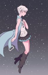 1girl black_boots black_flower black_skirt blue_eyes blue_jacket blush boots citrussalt commentary english_commentary eyelashes flower from_side full_body hair_flower hair_ornament highres jacket jewelry kyokugen_dasshutsu kyokugen_dasshutsu_adv:_zennin_shibou_desu necklace open_clothes open_jacket phi_(kyokugen_dasshutsu) shirt short_hair skirt solo space star_(sky) very_short_hair white_hair white_shirt