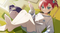 1girl absurdres amate_yuzuriha ame_akira barefoot beanie black_hat blue_eyes candy closed_mouth commentary eyelashes feet food gundam gundam_gquuuuuux haro hat highres holding holding_candy holding_food indoors looking_at_viewer print_hat red_hair shirt short_hair shorts sitting smile soles solo toes watermark white_shirt