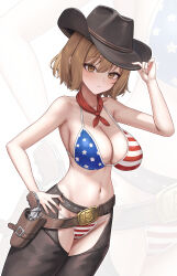 1girl american_flag american_flag_bikini american_flag_print anis_(nikke) belt bikini breasts brown_eyes brown_hair chaps closed_mouth cowboy_hat flag_print flag_print_bikini goddess_of_victory:_nikke gun handgun hat highres holster large_breasts navel print_bikini revolver scarf short_hair solo stomach subob_(subobdesu) swimsuit weapon