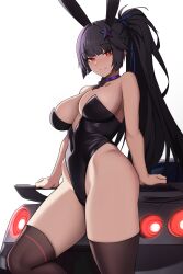 1girl absurdres animal_ears arm_support bare_arms bare_shoulders black_hair black_leotard braid breasts bright_pupils brown_thighhighs car cero_(last2stage) choker cleavage closed_mouth commentary commission covered_navel english_commentary fake_animal_ears hair_ornament highleg highleg_leotard highres large_breasts leotard long_hair looking_at_viewer motor_vehicle playboy_bunny ponytail purple_choker rabbit_ears red_eyes simple_background smile solo standing star_(symbol) star_hair_ornament strapless strapless_leotard tatakau_ni_atai_suru thighhighs thighs very_long_hair white_background yamaguchi_ryoko