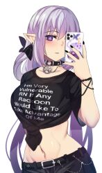 1girl absurdres alternate_costume belt black_belt black_choker black_nails black_shirt breasts castorice_(honkai:_star_rail) cellphone choker clothes_writing crop_top earrings goth_fashion groin highres hinghoi holding holding_phone honkai:_star_rail honkai_(series) jewelry large_breasts long_hair midriff nail_polish navel phone pointy_ears purple_eyes purple_hair shirt short_sleeves smartphone solo stomach tied_shirt upper_body very_long_hair