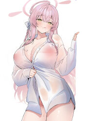 1girl absurdres blue_archive blush bottomless breasts cleavage collarbone commentary_request covered_erect_nipples cowboy_shot green_eyes halo hanako_(blue_archive) highres large_breasts long_sleeves looking_at_viewer nakano_kura naughty_face partially_unbuttoned pink_hair pink_halo puffy_long_sleeves puffy_sleeves see-through_clothes see-through_shirt shirt simple_background solo thighs tongue tongue_out wet wet_clothes wet_shirt white_background white_shirt