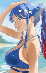 1girl arm_up beach bikini blue_bikini blue_eyes blue_hair breasts cleavage commentary_request day highres horizon kantai_collection large_breasts long_hair looking_at_viewer multicolored_hair official_alternate_costume one-hour_drawing_challenge open_mouth outdoors red_hair ren_(pawer1945) sand shore smile solo south_dakota_(kancolle) south_dakota_(swimsuit)_(kancolle) sports_bikini star_(symbol) swimsuit teeth upper_body upper_teeth_only water