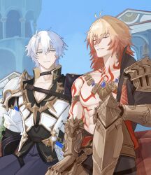 2boys abs antenna_hair arm_tattoo armlet armor bare_pectorals black_choker black_coat black_pants black_shirt blonde_hair blue_eyes blue_sky braid chest_tattoo choker clawed_gauntlets coat earrings facial_tattoo gold_earrings gold_necklace gradient_hair hair_between_eyes highres honkai:_star_rail honkai_(series) jewelry knee_up looking_at_another male_focus medium_hair multicolored_hair multiple_boys mydei_(honkai:_star_rail) necklace open_clothes open_coat ouc_op pants pauldrons pectorals phainon_(honkai:_star_rail) red_hair red_tattoo shirt short_hair shoulder_armor side_braid single_pauldron sitting sky tattoo thigh_strap toned toned_male white_coat white_hair
