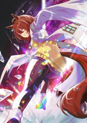 1girl abstract_background absurdres agnes_tachyon_(umamusume) ahoge animal_ears boots chemical_structure coat commentary_request ear_tag high_heel_boots high_heels highres himmel_gewalt horse_ears horse_girl horse_tail lab_coat medium_hair pantyhose partial_commentary red_eyes solo sweater tail test_tube umamusume very_long_sleeves white_boots white_coat yellow_sweater