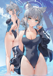1girl absurdres animal_ears ass blue_archive blue_eyes breasts cleavage competition_swimsuit cross_hair_ornament extra_ears grey_hair hair_ornament halo highres jacket kita_(kitairoha) large_breasts looking_at_viewer one-piece_swimsuit open_clothes open_jacket outdoors shiroko_(blue_archive) shiroko_(swimsuit)_(blue_archive) signature solo swimsuit thigh_gap wolf_ears
