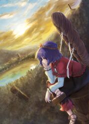 Rule 34 | 1girl, ankleband, black skirt, dutch angle, full body, gensokyo, hair ornament, highres, lake, layered sleeves, leaf hair ornament, long skirt, long sleeves, looking afar, luke (kyeftss), nature, onbashira, outdoors, puffy short sleeves, puffy sleeves, purple hair, red eyes, rope, sandals, shimenawa, short over long sleeves, short sleeves, sitting, skirt, solo, touhou, yasaka kanako, youkai mountain