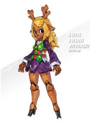 1girl animal_ears antlers blonde_hair breasts buck_teeth deer_antlers deer_ears deer_girl deer_tail deltarune freckles full_body furry furry_female highres horns joints long_hair long_sleeves lordyanyu mechanical_dress mechanical_hair mechanization noelle_holiday reindeer_girl robot robot_girl robot_joints simple_background small_breasts smile solo standing tail teeth white_background