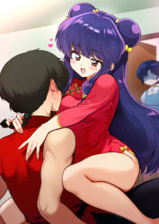 1boy 2girls bare_arms bare_legs bell black_hair black_pants blue_dress blue_hair blush bow braid braided_ponytail breasts china_dress chinese_clothes commentary_request door double_bun dress flirting fuurinkan_high_school_uniform hair_bell hair_bun hair_ornament heart hetero highres holding indoors legs long_hair long_sleeves multiple_girls netorare nishizawa no_eyes open_mouth pants partially_shaded_face pinafore_dress playing_with_another&#039;s_hair purple_hair ranma_1/2 red_eyes red_shirt saotome_ranma school_uniform shampoo_(ranma_1/2) shirt short_dress short_hair sidelocks single_braid sitting sitting_on_lap sitting_on_person sleeveless sleeveless_dress smile sweatdrop tangzhuang tendou_akane thighs white_shirt