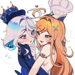 2girls absurdres chef_hat escoffier_(genshin_impact) furina_(genshin_impact) genshin_impact hat heart highres hug memeh multiple_girls orange_hair smile surprised white_hair