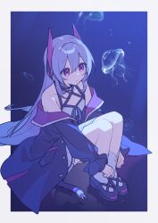 1girl bare_shoulders black_jacket black_shoes blue_background border closed_mouth commentary double-parted_bangs dress hair_between_eyes hijiri_(resetter) jacket jellyfish kneehighs knees_up light_frown long_hair long_sleeves looking_to_the_side nayuta_(hijiri) off-shoulder_dress off_shoulder original purple_eyes purple_hair shoes sitting socks solo symbol-only_commentary very_long_hair white_border white_dress white_socks