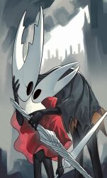 Rule 34 | 1boy, 1girl, arm on another&#039;s shoulder, black skin, bug, cave, cave interior, cloak, colored skin, cracked mask, frostedmirror, grey cloak, hand on another&#039;s face, hand on another&#039;s head, highres, holding, holding needle, holding sword, holding weapon, hollow eyes, hollow knight, hollow knight (character), horned mask, hornet (hollow knight), looking at another, mask, needle, no humans, red cloak, rock, sunlight, sword, weapon, white mask
