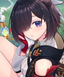 Rule 34 | 1girl, atelier (series), atelier yumia, blush, breasts, commentary request, covered eyes, eyelashes, fingerless gloves, flammi (atelier), gloves, hair intakes, hair ornament, hair over one eye, hair ribbon, hairclip, half updo, highres, long bangs, looking at viewer, medium breasts, medium hair, mole, mole under eye, nanatsu (na na tsu), one eye covered, parallel hairclips, parted lips, purple eyes, rain, ribbon, single bare shoulder, sitting, solo, thighs, twitter username, wet, white ribbon, yumia liessfeldt
