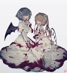 Rule 34 | 2girls, absurdres, alternate costume, bat wings, blindfold, blonde hair, blood, blood on clothes, blue hair, bow, crystal, dress, flandre scarlet, hair bow, high heels, highres, long dress, long hair, long sleeves, multiple girls, one side up, puffy sleeves, remilia scarlet, short hair, sokura (mochichitose), touhou, white bow, white dress, wings