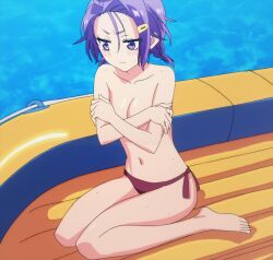 1girl anime_screenshot bikini blush bokutachi_wa_benkyou_ga_dekinai breasts covering_breasts covering_privates crossed_arms embarrassed hair_ornament hairclip highres kominami_asumi legs looking_down looking_to_the_side midriff navel ocean outdoors purple_eyes purple_hair raft sitting stitched swimsuit thighs third-party_edit topless_female wardrobe_malfunction wariza