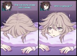 ! 2girls aqua_hair black_hair commentary english_commentary grey_hair grin herta_(honkai:_star_rail) highres honkai:_star_rail honkai_(series) messy_hair multicolored_hair multiple_girls nail_polish namelesswolf parted_lips pillow purple_eyes purple_nails ruan_mei_(honkai:_star_rail) smile the_herta_(honkai:_star_rail) two-tone_hair