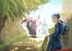 4boys blue_hair bodysuit chibi cu_chulainn_(caster)_(fate) cu_chulainn_(fate) cu_chulainn_(fate/stay_night) cu_chulainn_alter_(fate) earrings fate/grand_order fate_(series) highres holding holding_polearm holding_staff holding_weapon jewelry lance long_hair looking_at_viewer looking_back male_focus multiple_boys multiple_persona outdoors polearm ponytail red_eyes staff tail weapon yuu_(guruko)