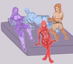 4girls alien armor bed bra breasts facing_viewer highres kasumi_goto liara_t&#039;soni mass_effect_(series) mass_effect_1 miranda_lawson multiple_girls plumpeachplus presenting tali&#039;zorah underwear