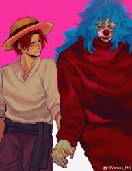 2boys bandage_on_face bandages blue_eyes blue_hair buggy_the_clown closed_mouth clown_nose eyelashes facepaint hat highres holding_hands long_hair long_sleeves looking_at_another male_focus multiple_boys one_piece pink_background red_hair shanks_(one_piece) shirt short_hair simple_background straw_hat vamos_mk white_shirt yaoi