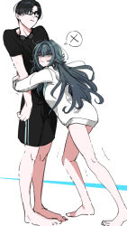 1boy 1girl :t bare_legs barefoot black-framed_eyewear black_hair black_shirt black_shorts commentary_request gakuen_idolmaster glasses green_hair hetero highres hug idolmaster jacket jealous kasasagi_(futagodori888) leaning_on_person looking_at_viewer producer_(idolmaster) shaded_face shirt shorts spoken_x tsukimura_temari v-shaped_eyebrows white_jacket