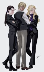1boy 2girls amuro_tooru black_footwear black_hair black_jacket black_pants blonde_hair blue_eyes boots crossed_arms full_body highres jacket long_hair meitantei_conan mizunashi_rena multiple_girls pants ponytail red_lips roru_(lol_dessin) shirt short_hair sweater turtleneck turtleneck_sweater vermouth_(meitantei_conan) vest waistcoat white_shirt