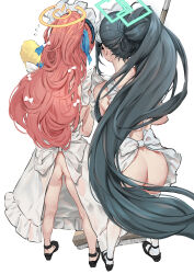 2girls absurdres aoi_sakura_(seak5545) apron aris_(blue_archive) aris_(maid)_(blue_archive) ass black_hair blue_archive blue_ribbon broom commentary duster frilled_apron frills from_behind green_halo hair_ribbon halo high_heels high_ponytail highres holding holding_broom holding_duster long_hair maid maid_apron maid_headdress multiple_girls naked_apron official_alternate_costume orange_halo ponytail red_hair ribbon simple_background standing very_long_hair white_apron white_background yuzu_(blue_archive) yuzu_(maid)_(blue_archive)