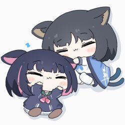 2girls animal_ear_fluff animal_ears animated animated_gif black_hair blue_archive blue_neckerchief brown_footwear cat_ears cat_tail chibi closed_eyes closed_mouth ear_wiggle kazusa_(blue_archive) kikyou_(blue_archive) long_sleeves medium_hair multicolored_hair multiple_girls multiple_tails neckerchief no_halo pink_hair shirt skirt tail two-tone_hair umihio white_shirt zzz