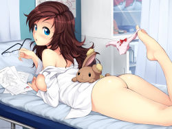 1girl ass atomix bare_shoulders barefoot bed between_toes blue_eyes blush bottomless breasts brown_hair buneary dress_shirt feet female_focus gen_4_pokemon glasses highres holding holding_removed_eyewear hospital_bed infirmary long_hair looking_at_viewer lying medium_breasts naked_shirt nintendo nipples notes off_shoulder on_bed on_stomach open_clothes open_mouth open_shirt original panties paper partially_undressed pillow pink_panties poke_ball pokedex pokemon pokemon_(creature) riolu semi-rimless_eyewear shelf shirt solo toes underwear unworn_eyewear unworn_panties watermark web_address white_shirt