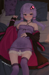 1girl bare_shoulders bed_sheet black_jacket blush closed_mouth collarbone commentary criss-cross_halter dress hair_ornament halter_dress halterneck highres jacket kanpa_(campagne_9) long_hair long_sleeves looking_at_viewer low_twintails lying off_shoulder on_back on_bed open_clothes open_jacket purple_dress purple_eyes purple_hair purple_thighhighs ribbed_dress sleeves_past_wrists smile solo thighhighs thighs twintails vocaloid voiceroid yuzuki_yukari